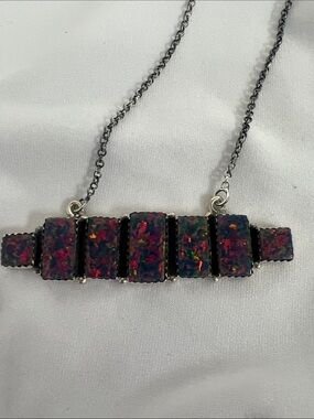 Elegant Sterling Silver  Necklace with balloon black opal bar pendant.
